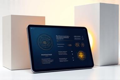 Bild: Ein modernes, minimalistisches Interface-Design auf einem Tablet, umgeben von geometrischen Formen